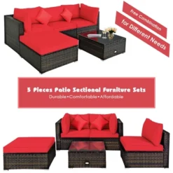 Costway 5PCS Patio Rattan Furniture Set Sectional Conversation Set W/Red Cushions -Sunnydaze Decor Store GUEST 0048a775 e71f 461f 8f6c 790881a4f290