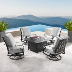5pc Set With 42" Square Outdoor Aluminum Fire Table & Four Swivel Rocking Chairs & Wind Blocker Lid - Oakland Living