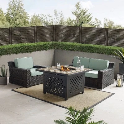 Beaufort 3 Pc Outdoor Wicker Conversation Set Loveseat And Chair With Fire Table - Mist/Brown - Crosley 5 Beaufort 3 Pc Outdoor Wicker Conversation Set Loveseat And Chair With Fire Table - Mist/Brown - Crosley - Image 3