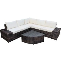 Costway 6PCS Rattan Furniture Set Conversation Cushioned Sofa Armrest Garden TurquoiseWhite