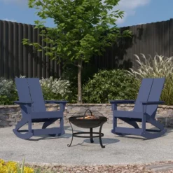 Merrick Lane Outdoor Set With Modern Adirondack Rocking Chairs & Wood Burning Fire Pit, Poker & Spark Screen