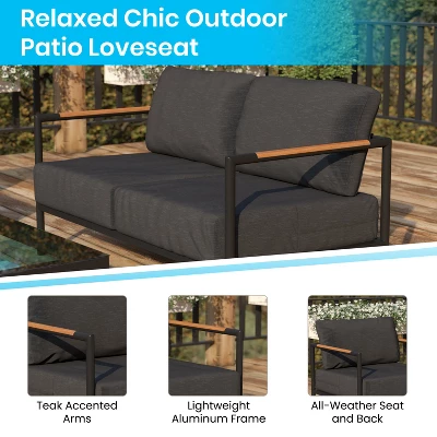 Flash Furniture Indoor/Outdoor Patio Loveseat With Cushions - Modern Aluminum Framed Loveseat With Teak Accent Arms 4 Flash Furniture Indoor/Outdoor Patio Loveseat With Cushions - Modern Aluminum Framed Loveseat With Teak Accent Arms - Image 2
