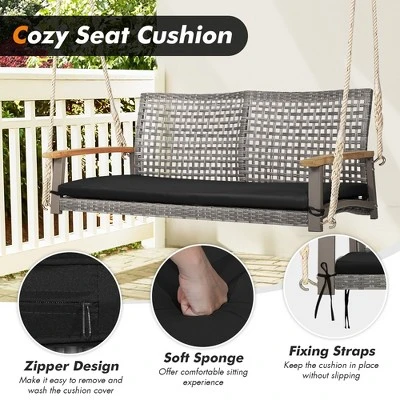 Costway 2-Person Patio Wicker Hanging Swing Chair Loveseat Cushion Porch RedBlack 7 Costway 2-Person Patio Wicker Hanging Swing Chair Loveseat Cushion Porch RedBlack - Image 5