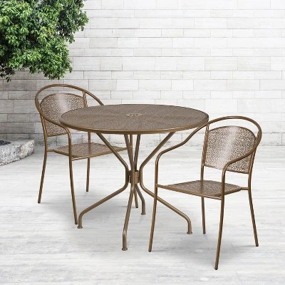 Emma And Oliver Commercial Grade 35.25" Round Gold Patio Table Set-2 Round Back Chairs 3 Emma And Oliver Commercial Grade 35.25" Round Gold Patio Table Set-2 Round Back Chairs
