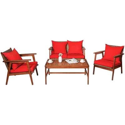 Costway 4PCS Patio Rattan Furniture Set Acacia Wood Frame Cushioned Sofa Chair 4 Costway 4PCS Patio Rattan Furniture Set Acacia Wood Frame Cushioned Sofa Chair - Image 2