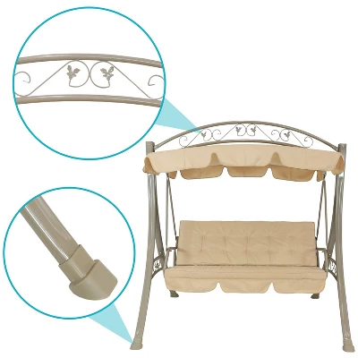 Sunnydaze Decor Sunnydaze Outdoor 3-Person Steel Patio Swing With Adjustable Canopy And Tufted Cushions, Beige 6 Sunnydaze Decor Sunnydaze Outdoor 3-Person Steel Patio Swing With Adjustable Canopy And Tufted Cushions, Beige - Image 4