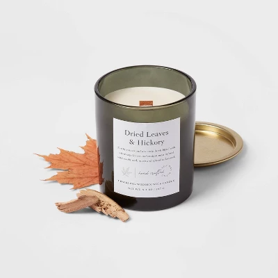 Clear Colored Glass With Woodwick And Brass Metal Inset Lid Dried Leaves + Hickory Candle Green - Threshold™ 4 Clear Colored Glass With Woodwick And Brass Metal Inset Lid Dried Leaves + Hickory Candle Green - Threshold™ - Image 2