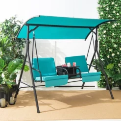 Costway 2-Person Canopy Porch Swing Padded Chair Cooler Bag Rotatable Tray TurquoiseBeigeBlack -Sunnydaze Decor Store GUEST 097e4a15 182d 4023 9c9c ed5fcb169ebd