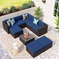 9pc All-Weather Patio Wicker Conversation Set With Cushions - Navy - Captiva Designs