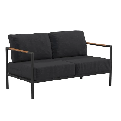Merrick Lane Outdoor Loveseat With Removable Plush Fabric Cushions And Teak Accented Aluminum Frame 15 Merrick Lane Outdoor Loveseat With Removable Plush Fabric Cushions And Teak Accented Aluminum Frame - Image 13