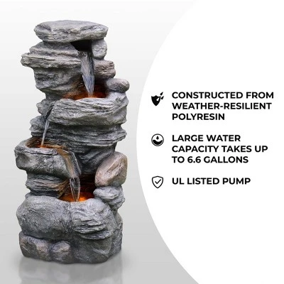 Teamson Home 39.37" Outdoor Faux Stone 4-Tier Water Fountain With LED, Gray 4 Teamson Home 39.37" Outdoor Faux Stone 4-Tier Water Fountain With LED, Gray - Image 2