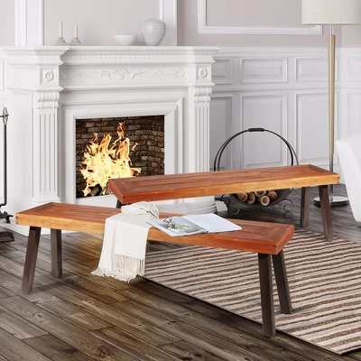 Costway Set Of 2 Patio Acacia Wood Dining Bench With Rustic Steel Legs Outdoor Indoor 8 Costway Set Of 2 Patio Acacia Wood Dining Bench With Rustic Steel Legs Outdoor Indoor - Image 6