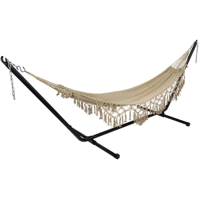 Northlight 31" X 78" Cotton Hammock With Lattice Pattern Tassels - Brown 4 Northlight 31" X 78" Cotton Hammock With Lattice Pattern Tassels - Brown - Image 2
