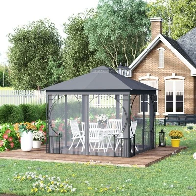 Outsunny 10' X 10' Patio Gazebo Canopy Outdoor Pavilion With Mesh Netting SideWalls, 2-Tier Polyester Roof, & Steel Frame, Dark Gray 3 Outsunny 10' X 10' Patio Gazebo Canopy Outdoor Pavilion With Mesh Netting SideWalls, 2-Tier Polyester Roof, & Steel Frame, Dark Gray