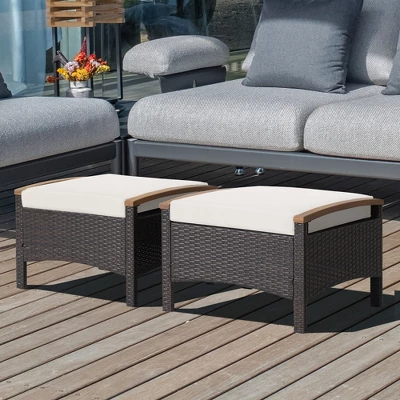 Costway Set Of 2 Patio Rattan Ottoman Footrest Cushions Wooden Handle Off WhiteBrownRedNavy 10 Costway Set Of 2 Patio Rattan Ottoman Footrest Cushions Wooden Handle Off WhiteBrownRedNavy - Image 8