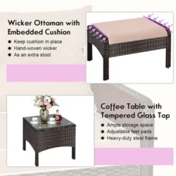 Costway 5 PCS Rattan Wicker Furniture Set Sofa Ottoman W/Brown Cushion Patio Garden Yard -Sunnydaze Decor Store GUEST 11a7f3a2 5d2a 41a6 a14f be10fdff4503