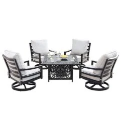 5pc Outdoor Dining Set With 42" Aluminum Square Damask Design Fire Table & Deep Seating Swivel Rocking Chairs - Oakland Living