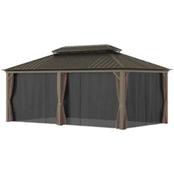 Outsunny Patio Gazebo 12' X 20', Netting & Curtains, 2 Tier Double Vented Steel Roof, Hardtop, Ceiling Hooks, Rust Proof Aluminum, Brown -Sunnydaze Decor Store GUEST 13743f28 cc93 4a08 bf29 21e3ef81556f