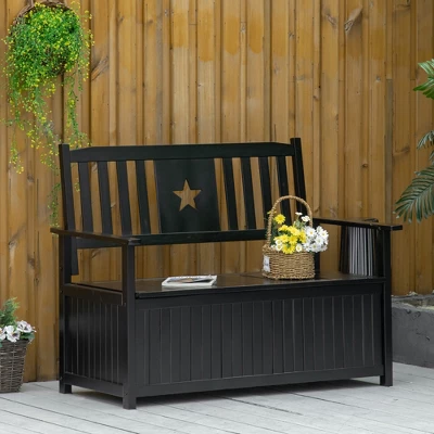 Outsunny Outdoor Wooden Storage Bench Deck Box, Wood Patio Furniture, 43 Gallon Pool Storage Bin Container With Cloth, Backrest, Armrests, Star, Black 4 Outsunny Outdoor Wooden Storage Bench Deck Box, Wood Patio Furniture, 43 Gallon Pool Storage Bin Container With Cloth, Backrest, Armrests, Star, Black - Image 2