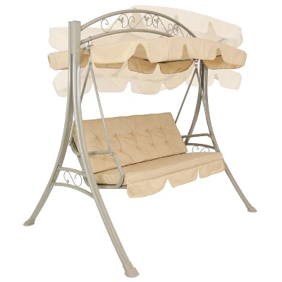 Sunnydaze Decor Sunnydaze Outdoor 3-Person Steel Patio Swing With Adjustable Canopy And Tufted Cushions, Beige 7 Sunnydaze Decor Sunnydaze Outdoor 3-Person Steel Patio Swing With Adjustable Canopy And Tufted Cushions, Beige - Image 5