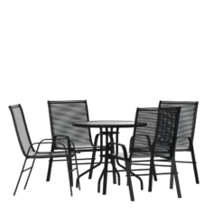 Emma And Oliver Five Piece Patio Table Set With Round Metal Table With Tempered Glass Top And 4 Flex Comfort Stacking Chairs -Sunnydaze Decor Store GUEST 186bec1e b36c 4c7a a7d0 e39a21ee3bb8
