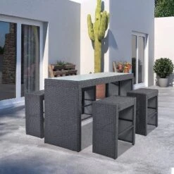 5pc Outdoor Rattan Bar Set With Stools & Cushions- Gray - WELLFOR -Sunnydaze Decor Store GUEST 18b90999 010e 48e9 86ef 67cf443663a7