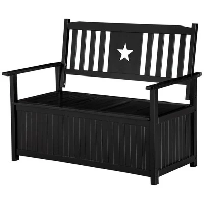 Outsunny Outdoor Wooden Storage Bench Deck Box, Wood Patio Furniture, 43 Gallon Pool Storage Bin Container With Cloth, Backrest, Armrests, Star, Black 5 Outsunny Outdoor Wooden Storage Bench Deck Box, Wood Patio Furniture, 43 Gallon Pool Storage Bin Container With Cloth, Backrest, Armrests, Star, Black - Image 3