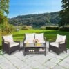 Tangkula Patio Rattan 4PCS Cushioned Chair Side Table Set Bistro Set Classic Furniture Single Sofa Thick Cushion Loveseat For Garden Off White/Navy