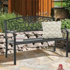Costway Garden Bench Park Yard Outdoor Furniture Steel Frame Porch Path Loveseat Black