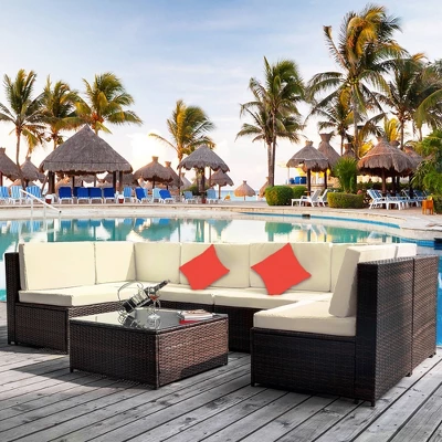 7pc Wicker Patio Sofa Set With Cushions - Brown/Beige - GODEER 3 7pc Wicker Patio Sofa Set With Cushions - Brown/Beige - GODEER