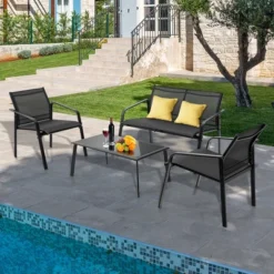Costway 4 PCS Patio Furniture Set Loveseat Sofas Armrest Glass Table Deck