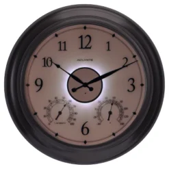 24" Metal Outdoor / Indoor Wall Clock With Illuminated Face, Thermometer And Humidity - Bronze Finish - Acurite