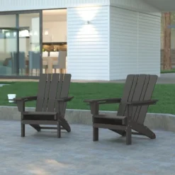 Emma And Oliver Set Of 2 Adirondack Chairs With Cup Holders, Weather Resistant HDPE Adirondack Chairs