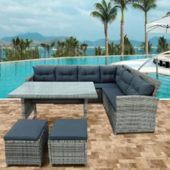 6pc Wicker Patio Set With Glass Table Ottomans - Gray/Dark Gray - GODEER