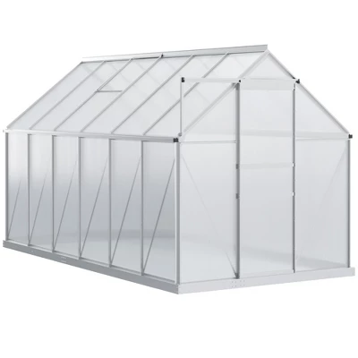 Outsunny Aluminum Greenhouse, Polycarbonate Walk-in Garden Greenhouse Kit With Adjustable Roof Vent, Rain Gutter And Sliding Door For Winter, Silver 5 Outsunny Aluminum Greenhouse, Polycarbonate Walk-in Garden Greenhouse Kit With Adjustable Roof Vent, Rain Gutter And Sliding Door For Winter, Silver - Image 3