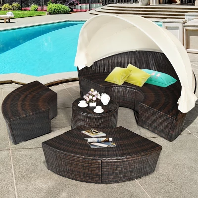 Costway Patio Rattan Daybed Cushioned Sofa Adjustable Table Top Canopy 3 Pillows 4 Costway Patio Rattan Daybed Cushioned Sofa Adjustable Table Top Canopy 3 Pillows - Image 2