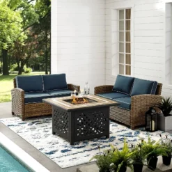 3pc Bradenton Outdoor Steel Fire Pit Set With 2 Loveseats Navy/Weathered Brown - Crosley -Sunnydaze Decor Store GUEST 2094d08d 0760 4678 86a6 658c345ff888