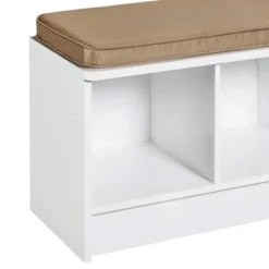 ClosetMaid 3 Cube Cubby Storage Organizer Bench Home Accent Furniture With Seat Cushion For Entryway, Hallway, Or Mud Room, White/Tan