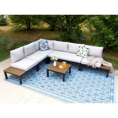 Captiva Designs 6pc Outdoor Conversation Set With Sectional Sofa Beige 8 Captiva Designs 6pc Outdoor Conversation Set With Sectional Sofa Beige - Image 6