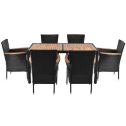 7pc Outdoor Wicker Dining Set With Acacia Wood Tabletop & Cushions - Beige - GODEER -Sunnydaze Decor Store GUEST 28be4bb6 0b95 4592 ac7e b8affdef89f3