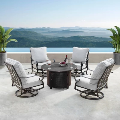 5pc Outdoor Dining Set With 44" Round Fire Table, 4 Deep Seating Swivel Rocking Chairs & Table Fabric Covers - Gray/Copper - Oakland Living 3 5pc Outdoor Dining Set With 44" Round Fire Table, 4 Deep Seating Swivel Rocking Chairs & Table Fabric Covers - Gray/Copper - Oakland Living