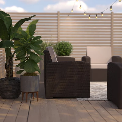 Merrick Lane Outdoor Furniture Resin Sofa Chocolate Brown Faux Rattan Wicker Pattern Patio 3-Seat Sofa With All-Weather Beige Cushions 7 Merrick Lane Outdoor Furniture Resin Sofa Chocolate Brown Faux Rattan Wicker Pattern Patio 3-Seat Sofa With All-Weather Beige Cushions - Image 5