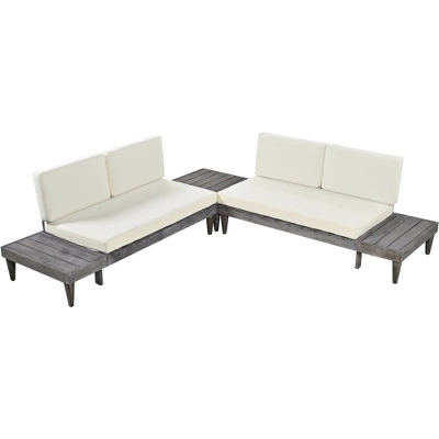 Outdoor 3-Piece Garden Solid Wood Furniture Sofa With Coffee Table, Side Table And Cushions, Gray+Beige - ModernLuxe 5 Outdoor 3-Piece Garden Solid Wood Furniture Sofa With Coffee Table, Side Table And Cushions, Gray+Beige - ModernLuxe - Image 3