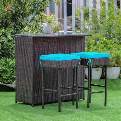 Tangkula 3PCS Patio Wicker Rattan Bar Set Table W/2 Turquoise Cushioned Stools 3 Tangkula 3PCS Patio Wicker Rattan Bar Set Table W/2 Turquoise Cushioned Stools