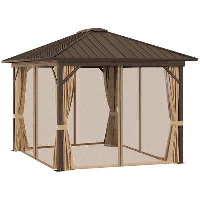 Outsunny 11.9" X 9.8" Hardtop Gazebo With Curtains And Netting, Permanent Pavilion Metal Roof Gazebo Canopy With Aluminum Frame And Top Hook, Brown 6 Outsunny 11.9" X 9.8" Hardtop Gazebo With Curtains And Netting, Permanent Pavilion Metal Roof Gazebo Canopy With Aluminum Frame And Top Hook, Brown - Image 4