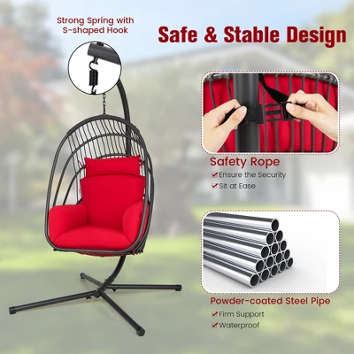 Costway Hanging Folding Egg Chair With Stand Soft Cushion Pillow Swing Hammock TurquoiseGreyRed 10 Costway Hanging Folding Egg Chair With Stand Soft Cushion Pillow Swing Hammock TurquoiseGreyRed - Image 8