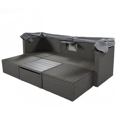 4pc Outdoor Wicker Rectangle Daybed With Canopy & Cushions - Gray - GODEER 10 4pc Outdoor Wicker Rectangle Daybed With Canopy & Cushions - Gray - GODEER - Image 8