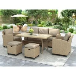 6pc Outdoor Wicker Conversation Set With Arm Chairs, Sofa, Ottomans & Coffee Table - Brown - GODEER -Sunnydaze Decor Store GUEST 32350390 f05a 498b 833b 079d2641525a