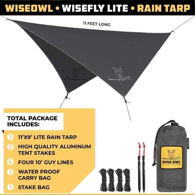 Wise Owl Outfitters Wisefly 11' X 9' Hammock Rain Tarp Cover With Guy Lines, Tent Stakes, And Waterproof Carry Bag, Gray, Accessory Only 3 Wise Owl Outfitters Wisefly 11' X 9' Hammock Rain Tarp Cover With Guy Lines, Tent Stakes, And Waterproof Carry Bag, Gray, Accessory Only