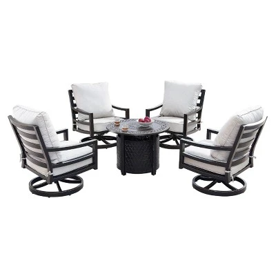5pc Outdoor Dining Set With 34" Aluminum Round Weave Design Fire Table, Deep Seating Swivel Rocking Chairs & Covers - Oakland Living 3 5pc Outdoor Dining Set With 34" Aluminum Round Weave Design Fire Table, Deep Seating Swivel Rocking Chairs & Covers - Oakland Living